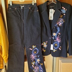 Escada Embroidered Denim Pants and Jacket Set